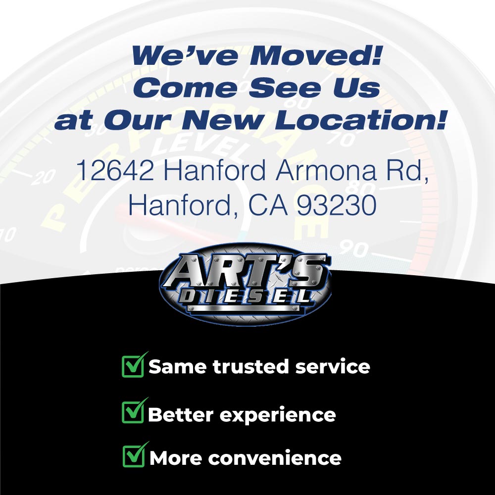 Announcement banner informing customers about the business relocation to 12642 Hanford Armona Rd, Hanford, CA 93230, with a welcoming message encouraging visitors to stop by the new location for the same great diesel truck services in a better space